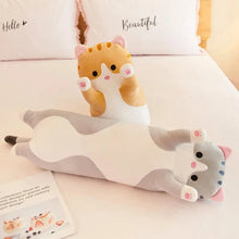 Kawaii Long Cat Plushie Nap Pillow stuffed animal doll for gentle napping and desk decor.