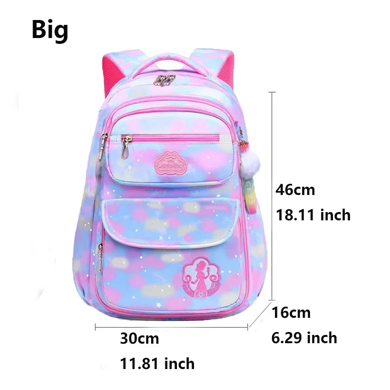 Pink and blue backpack with measurements