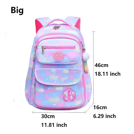 Pink and blue backpack with measurements