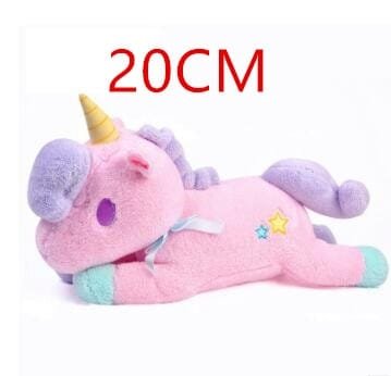 Soft Horse Kawaii Rainbow Unicorn Doll small 20CM pink plush toy with yellow horn for stroller trips, party favours, and small gifts.