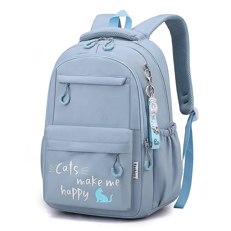 Light blue backpack with 'Cats make me happy' text and cat illustration