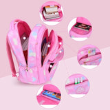Pink backpack with various compartments.