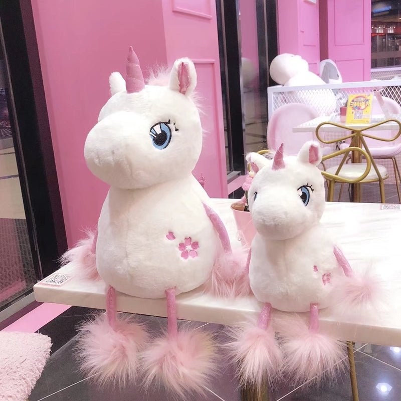 Pair of kawaii unicorn plush toys in 35cm and 60cm sizes for cuddling, nursery decor, and kids gifting.