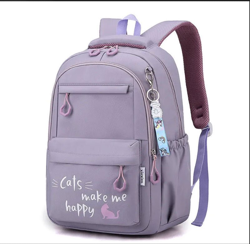 Purple backpack with 'Cats make me happy' text and cat illustrations.