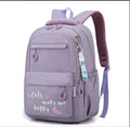 Purple backpack with 'Cats make me happy' text and cat illustrations.