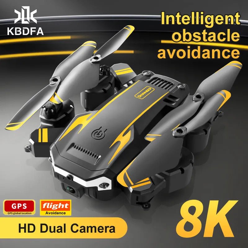 KBDFA G6 drone in black and yellow with feature highlights for professional quadcopter flying.
