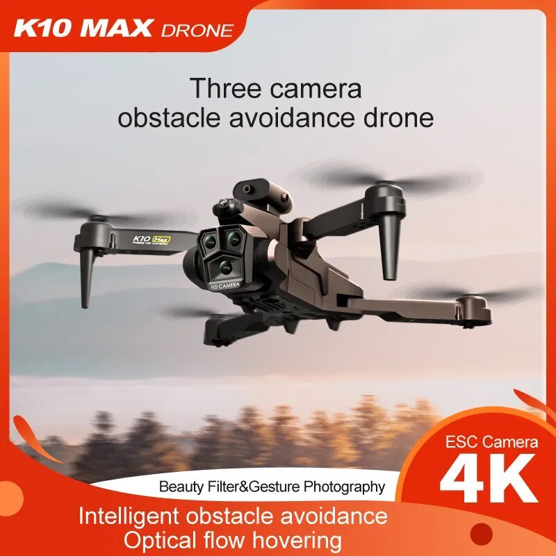 KBDFA K10 Max drone feature highlights displayed over a scenic background for outdoor quadcopter flying.