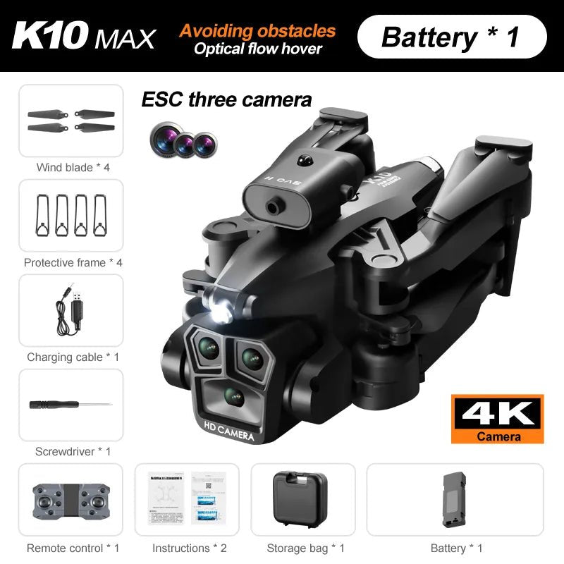 KBDFA K10 Max drone with full feature list shown on a white background for quadcopter gift shopping.