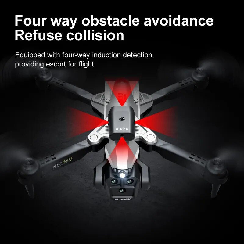 KBDFA K10 Max drone showing its four-way obstacle avoidance system for safe indoor and outdoor flying.