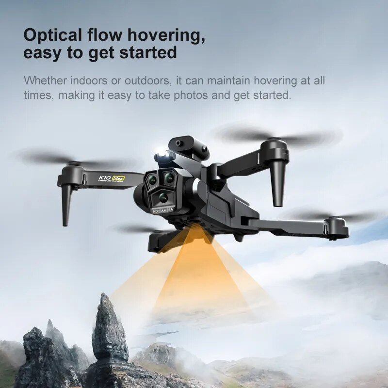 KBDFA K10 Max drone hovering with optical flow positioning over mountains for stable, easy flying.