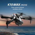 KBDFA K10 Max drone with triple camera and obstacle avoidance shown flying over a scenic landscape for aerial photography.