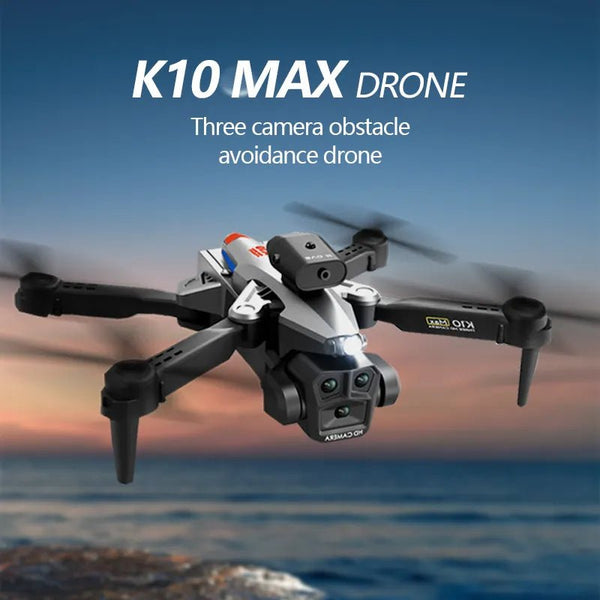 KBDFA K10 Max drone with triple camera and obstacle avoidance shown flying over a scenic landscape for aerial photography.