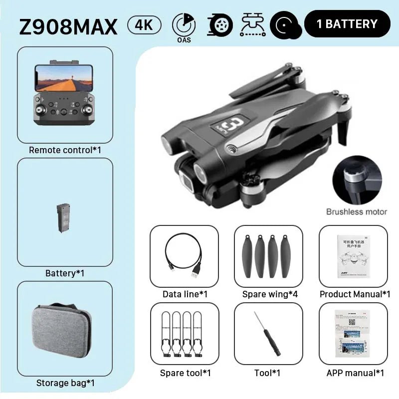 KBDFA Z908 Max drone packaging with features and accessories overview for quadcopter shoppers.