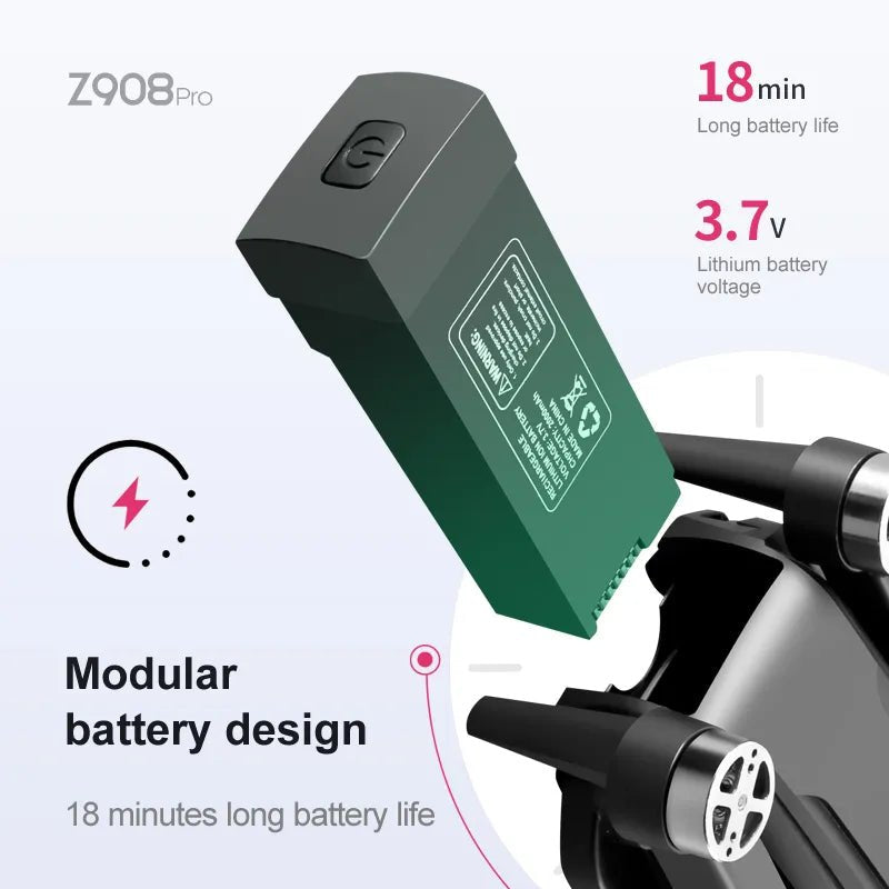 KBDFA Z908 Pro Max drone battery pack with specifications shown for extended flight time.