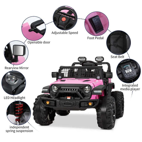 Pink toy SUV with features highlighted 