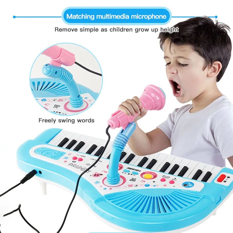 Kids 37-Key Electronic Keyboard Piano and microphone set played by a child for early music practice.