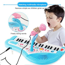 Kids 37-Key Electronic Keyboard Piano and microphone set played by a child for early music practice.