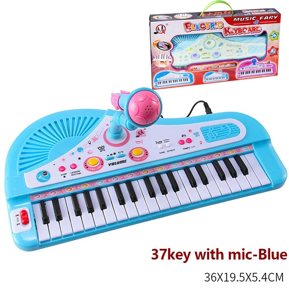 Kids 37-Key Keyboard Piano with microphone and full package contents for beginner practice and sing-alongs.