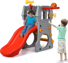 Children playing on the 5-in-1 Slide and Climbing Activity Set with basketball hoop for active fun.