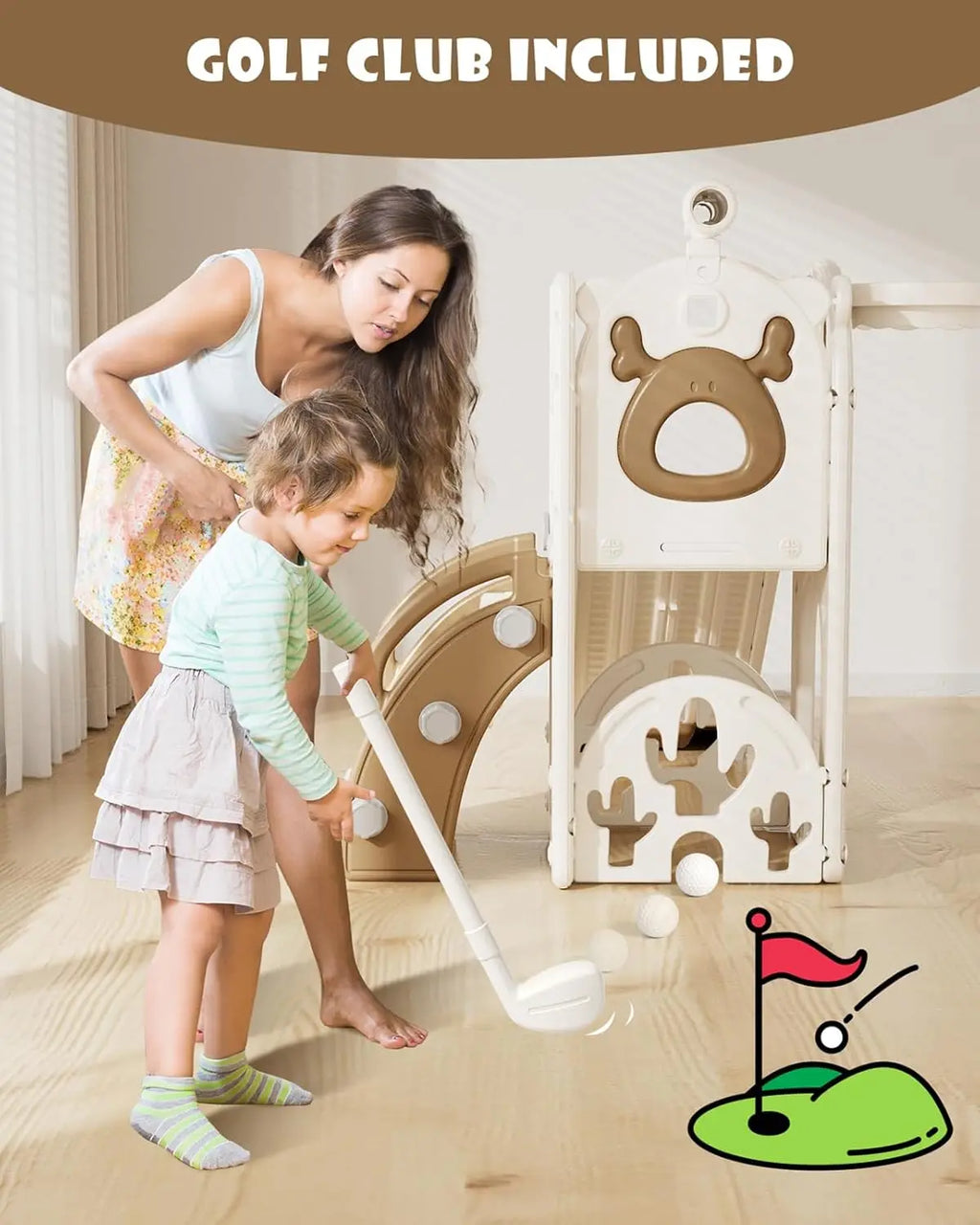 Woman and child playing with a golf-themed indoor play set.