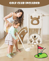 Woman and child playing with a golf-themed indoor play set.