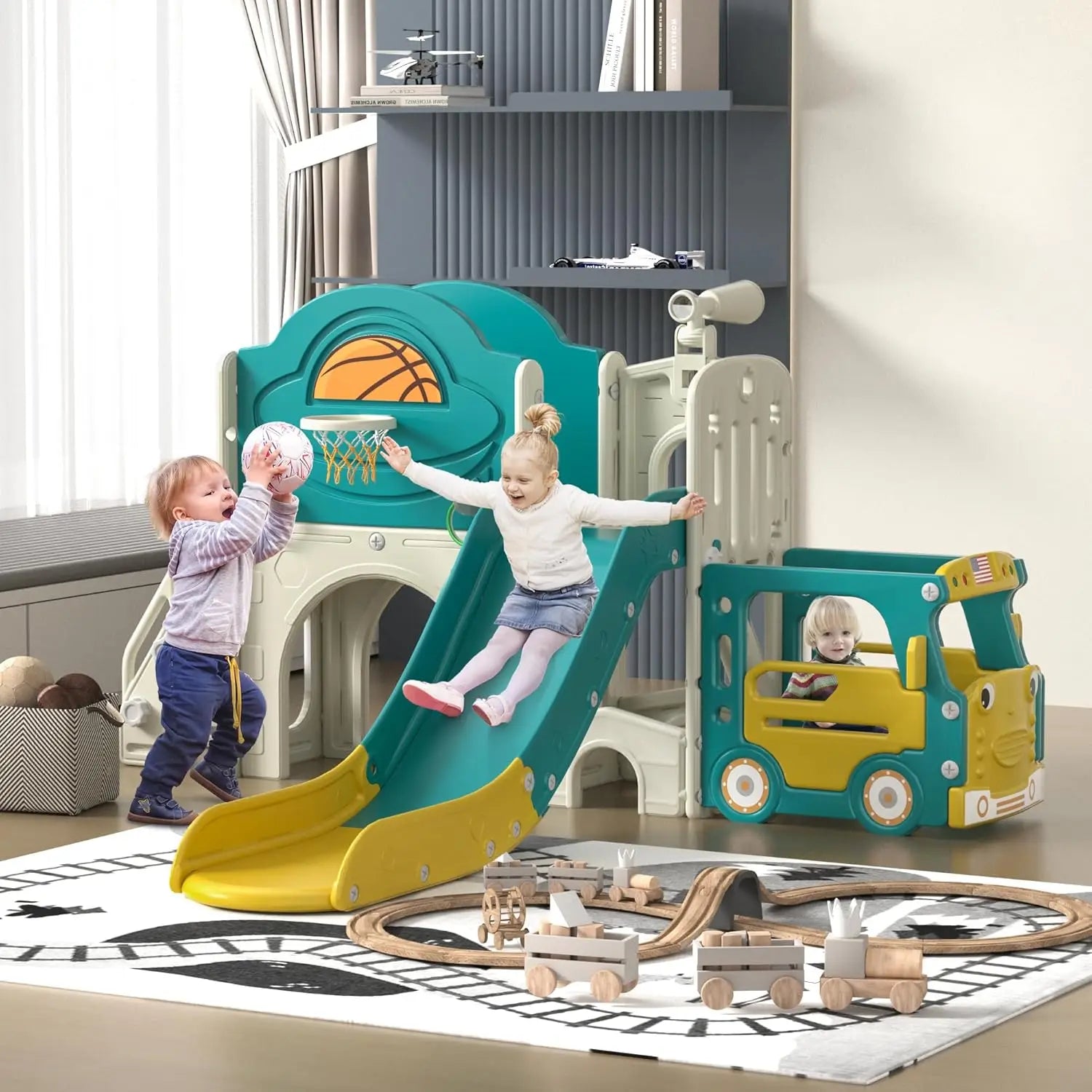 Kids 9-in-1 bus playground slide and climber set up indoors for toddlers to climb, slide, and play.