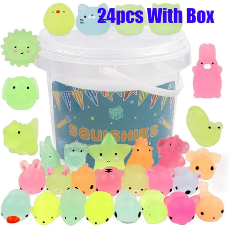 Assorted colorful squishies with a container labeled 'Squishies'