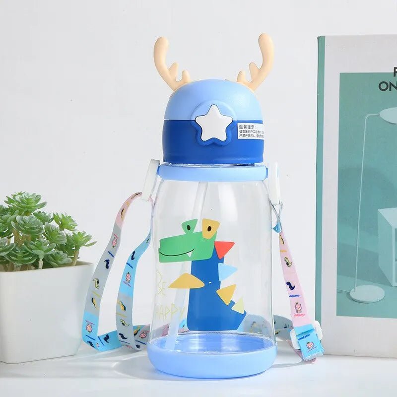 600ml Kids Antler Sippy Cup with cartoon design and blue lid, a leakproof cup for toddler drinks on the go.
