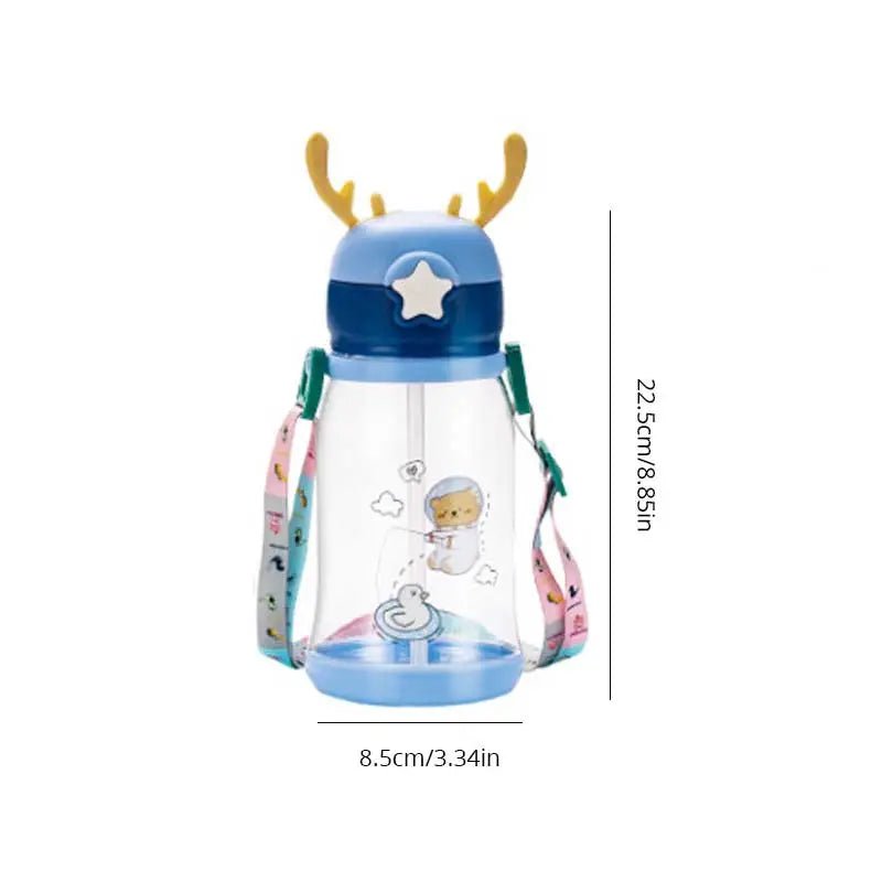 600ml kids antler sippy cup shown with size measurements for parents checking capacity before purchase.