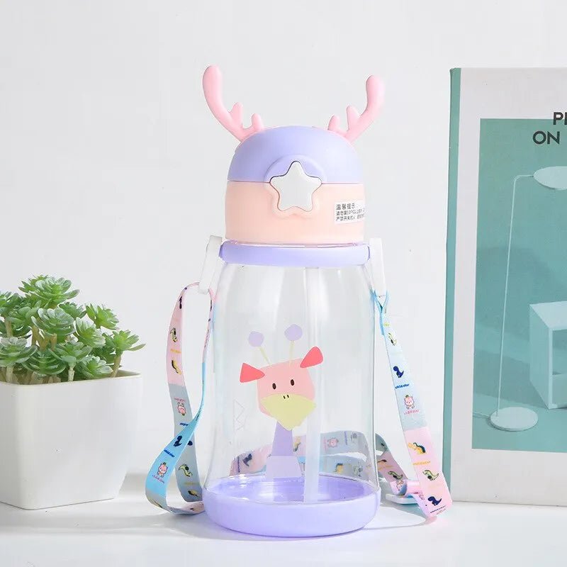 Kids antler sippy cup with cartoon print shown from an alternate angle for toddler drink time and outings.