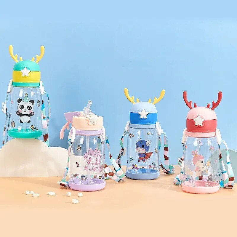 Set of colorful kids antler sippy cups with animal-themed designs, showing the leakproof cup color options.
