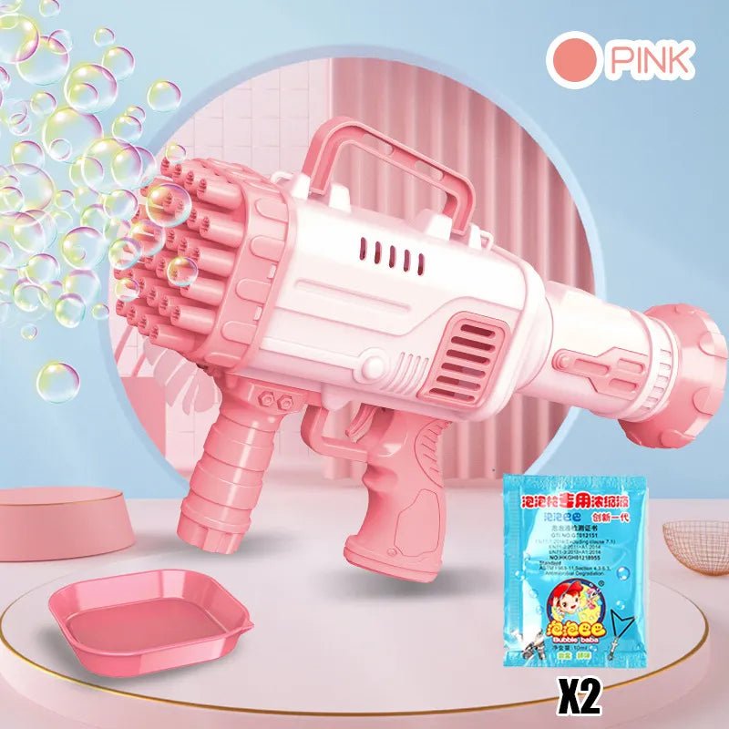 Pink bubble gun with accessories.