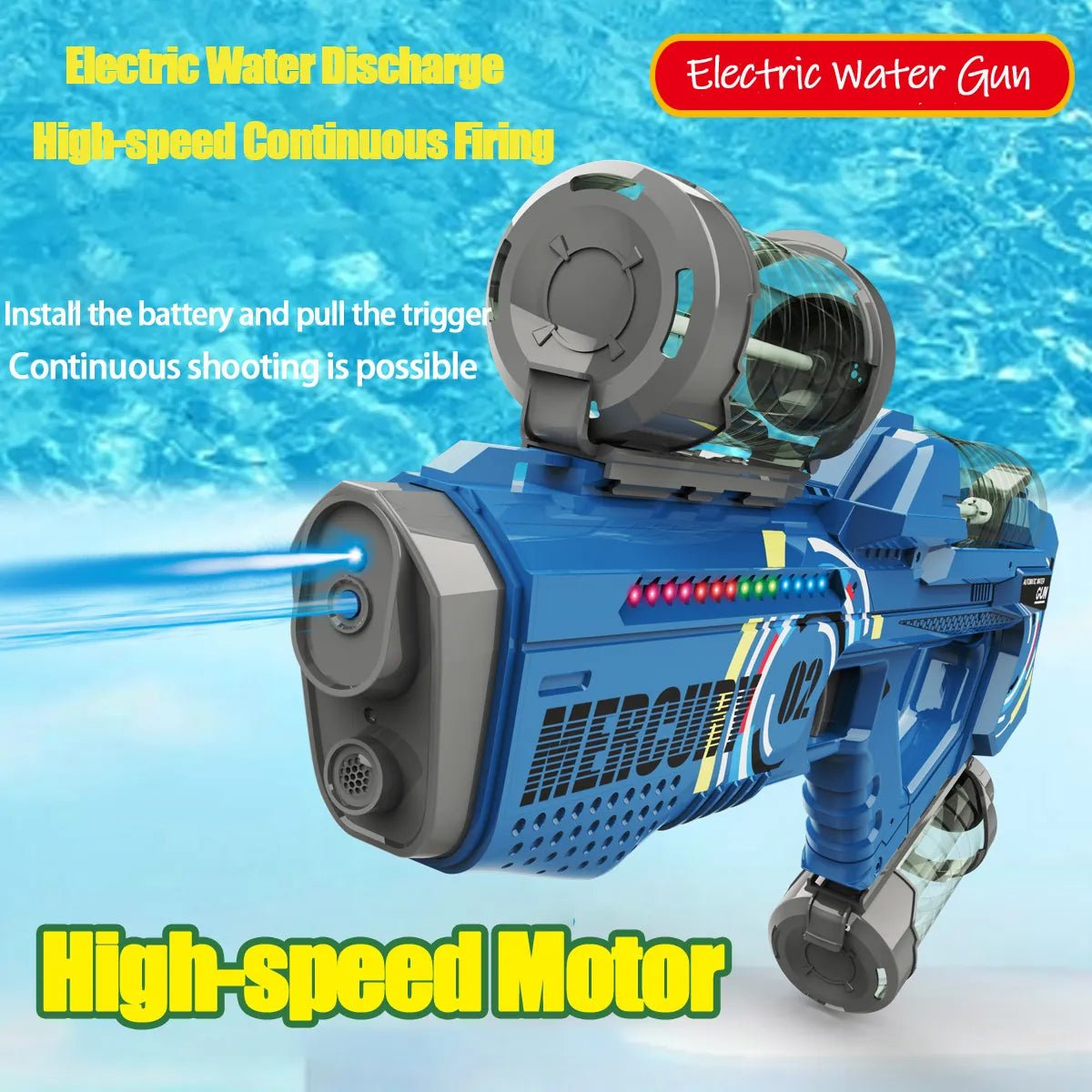 Toy electric water gun with blue and gray design.