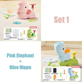 Two bath toys, a pink elephant and a blue hippo, with packaging and accessories.
