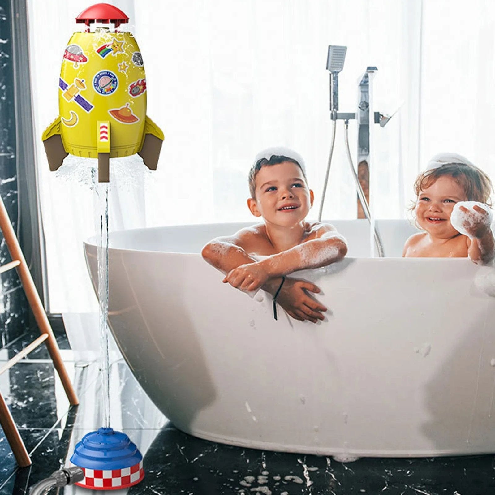 Children enjoying water toys at bath time, showing how the rocket sprinkler set extends play indoors and out.