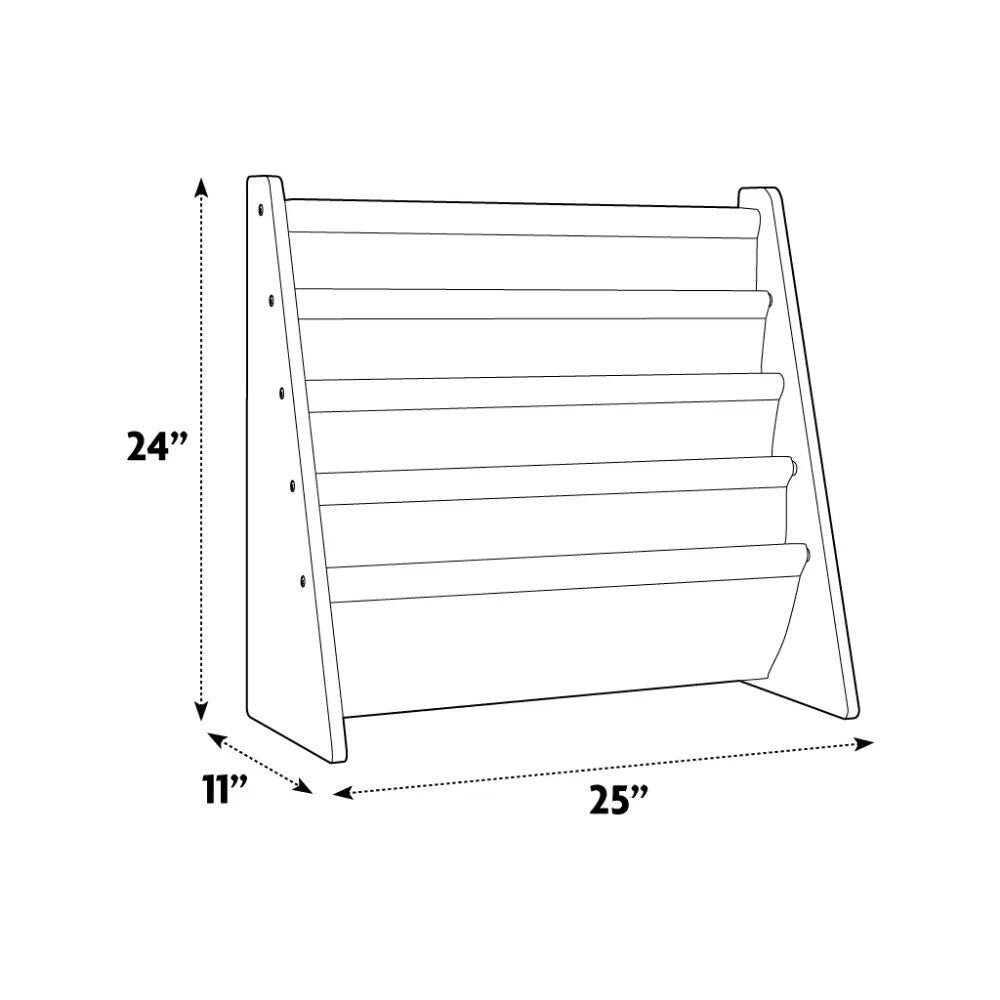 Kids Book Rack Bookshelf line drawing with dimensions for planning a nursery reading corner.