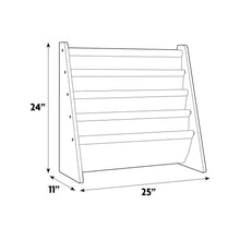 Kids Book Rack Bookshelf line drawing with dimensions for planning a nursery reading corner.