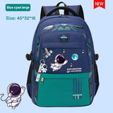 Blue and green backpack with astronaut design.