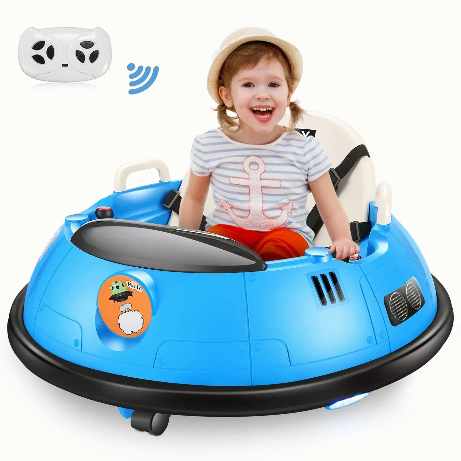 Child riding the blue Kids Ride-On Bumper Car with wireless remote control for supervised play.