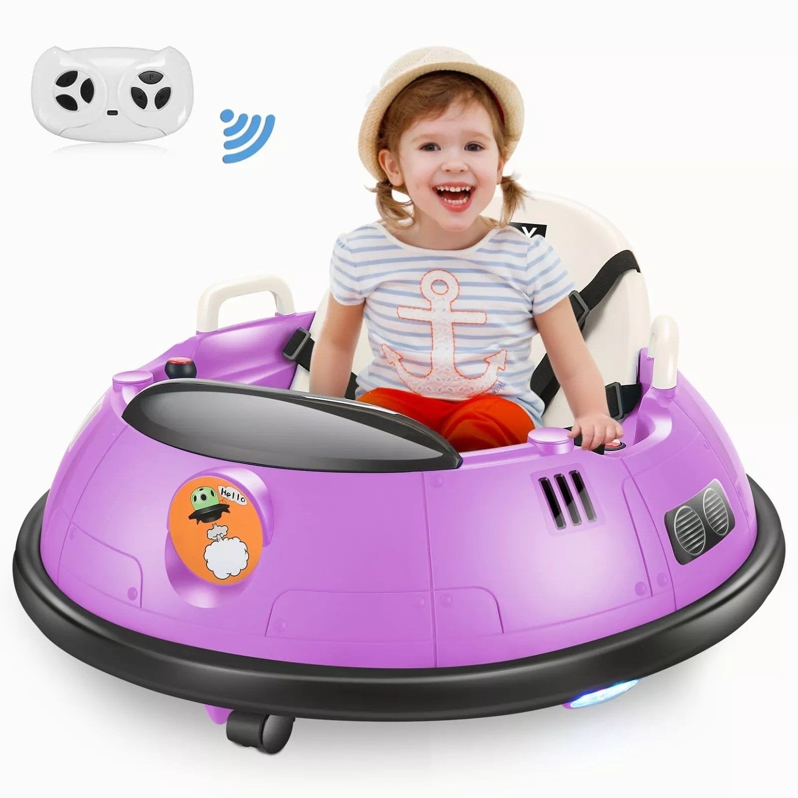 Child riding the purple Kids Ride-On Bumper Car with helmet for safe indoor and outdoor play.