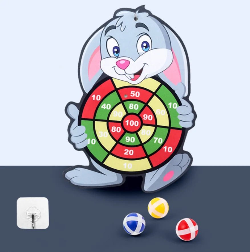 Cartoon character holding a dartboard with colorful darts.