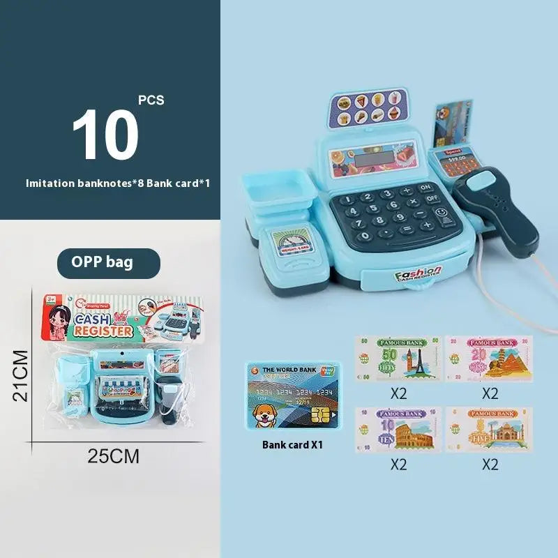 Blue cash register toy in an OPP bag with eight banknotes and a bank card, package about 25 by 21 cm