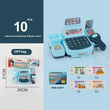 Blue cash register toy in an OPP bag with eight banknotes and a bank card, package about 25 by 21 cm