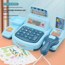 Light blue toy cash register with number keys, a scanner and play money banknotes in front
