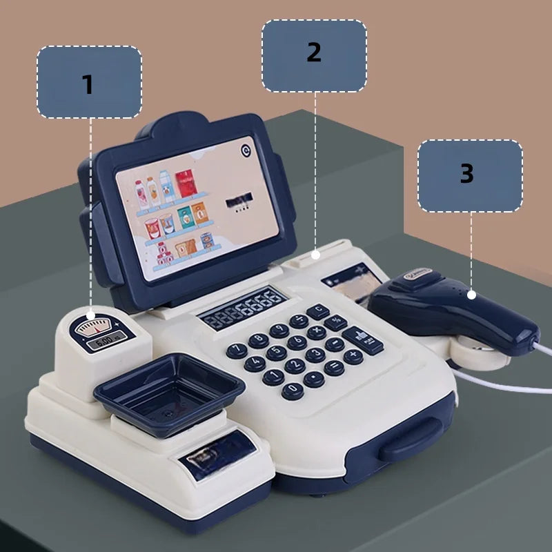 Navy and white toy cash register with numbered callouts for the screen, scale tray and scanner