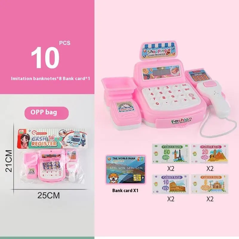 Pink cash register toy in an OPP bag with banknotes and a bank card, second view