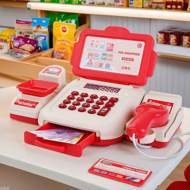 Red and white toy cash register with a scanner, tray and play money on a shop counter