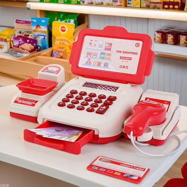 Red and white toy cash register with a scanner, tray and play money on a shop counter