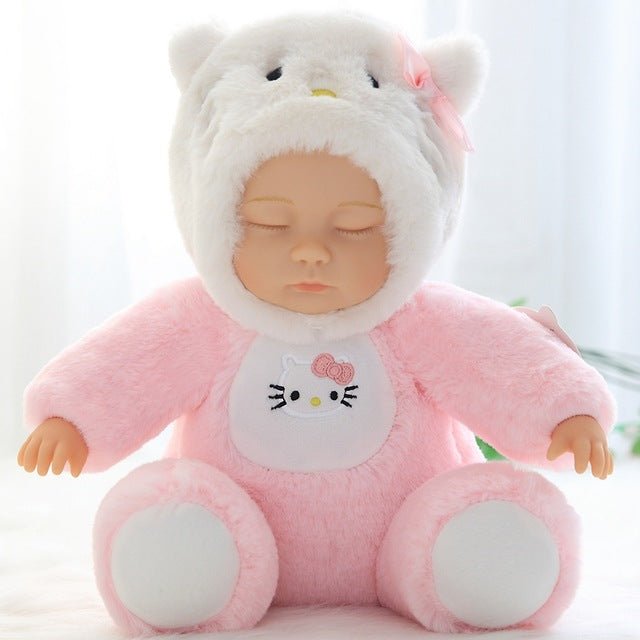 Stuffed toy baby in a pink cat costume