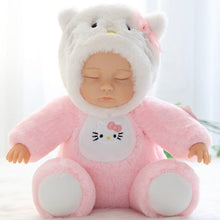 Stuffed toy baby in a pink cat costume
